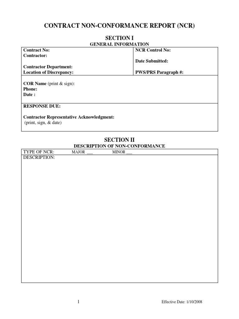 Contract Non-Conformance Report (NCR) | PDF