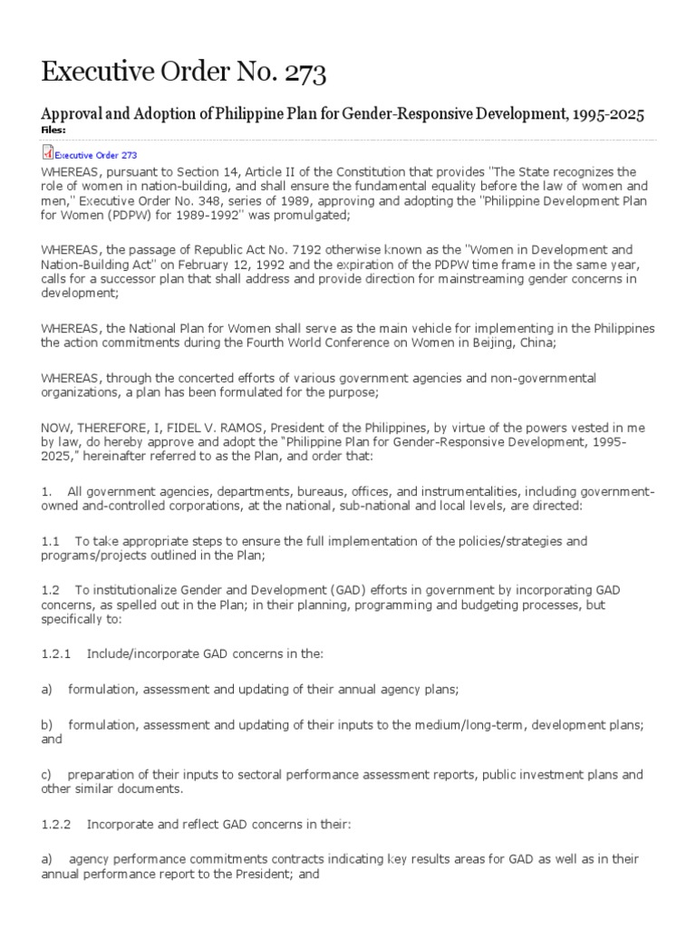 Executive Order No. 273 Approval and Adoption of Philippine Plan For