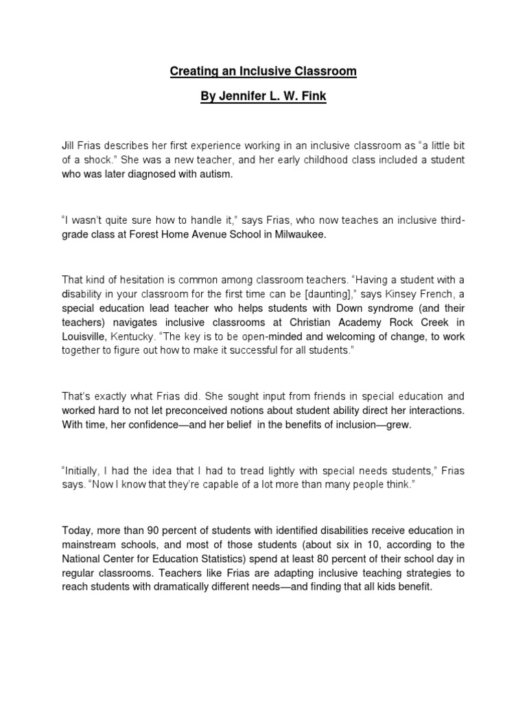 Creating Inclusive Classroom Pdf Special Education Classroom