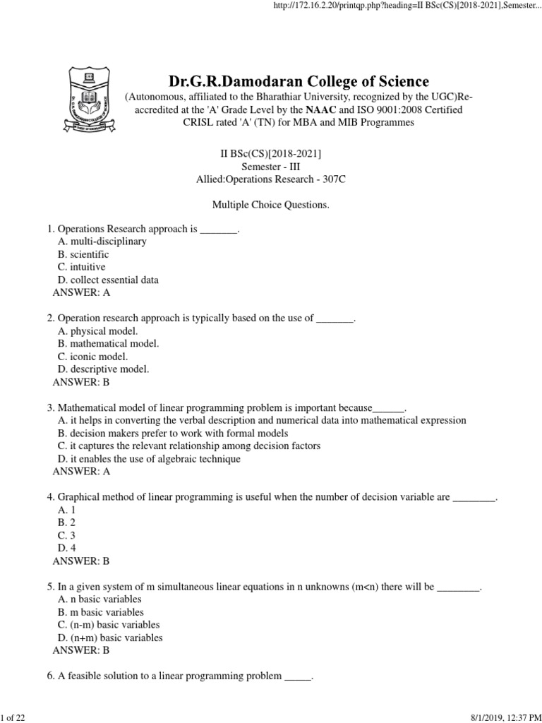 Operations Research MCQs for BSc Students | PDF | Linear Programming ...