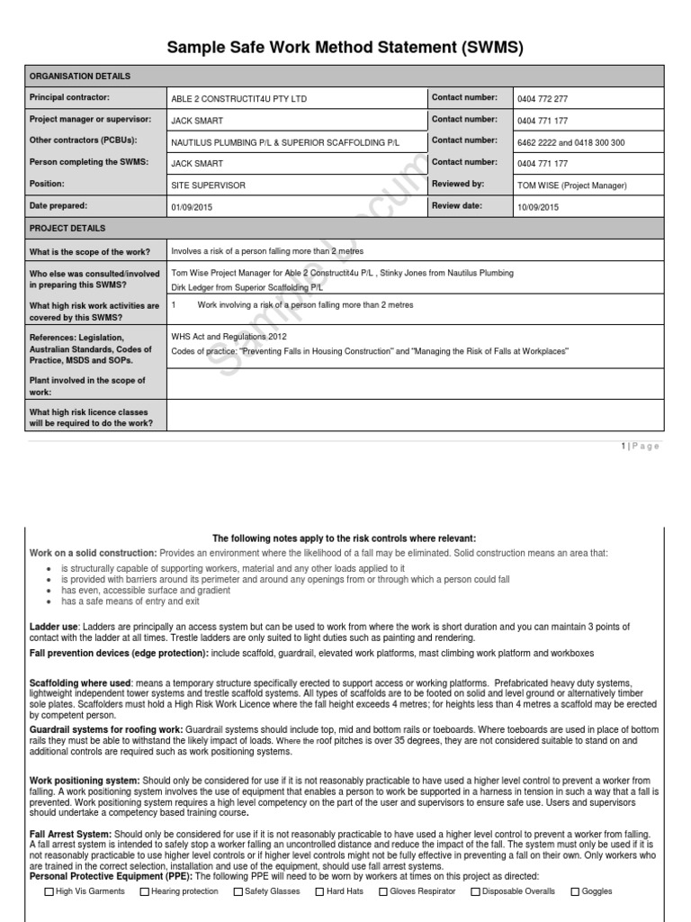 Sample Safe Work Method Statement (SWMS) | PDF | Scaffolding | Personal ...