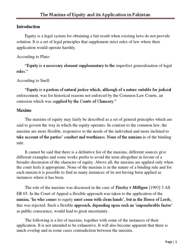 Maxims Of Equity And Its Applications In Pdf Pdf Equity Law