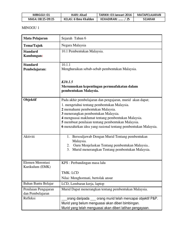 RPH Sejarah Tahun 6  PDF