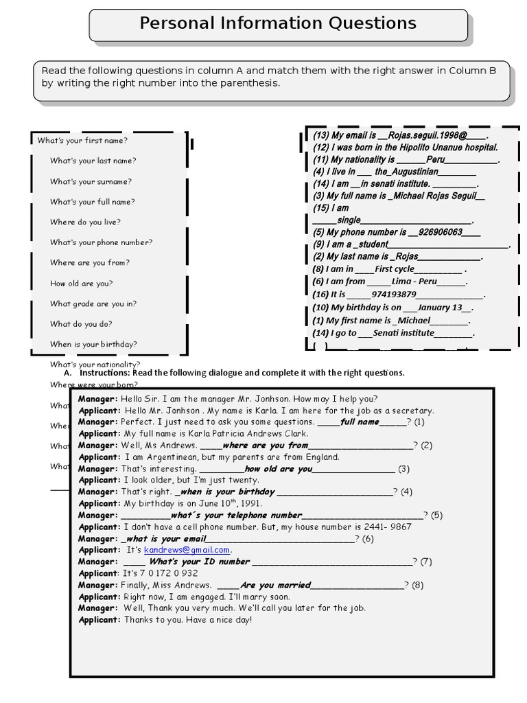 Personal Information Questions: Column A Column B | PDF