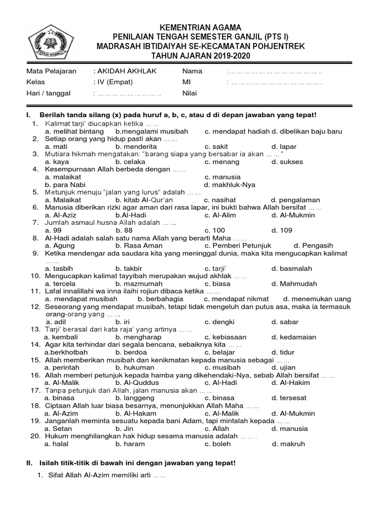 Soal Uts Akidah Akhlak Kelas 9 Semester 2