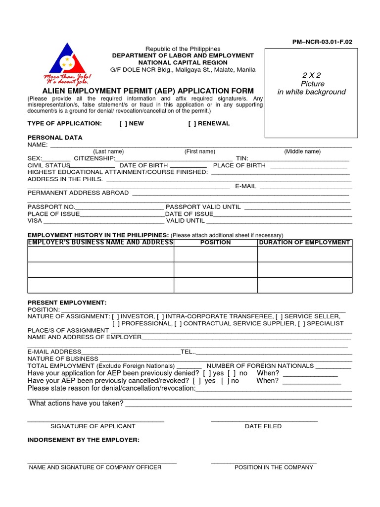 Alien Employment Permit (Aep) Application Form 2 X 2 Picture in White