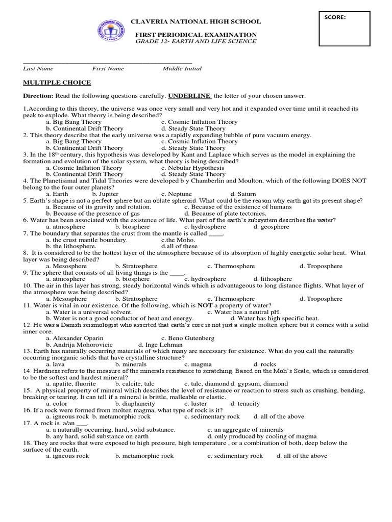Grade 12 Earth and Life Science Exam | PDF | Rock (Geology) | Tropical ...