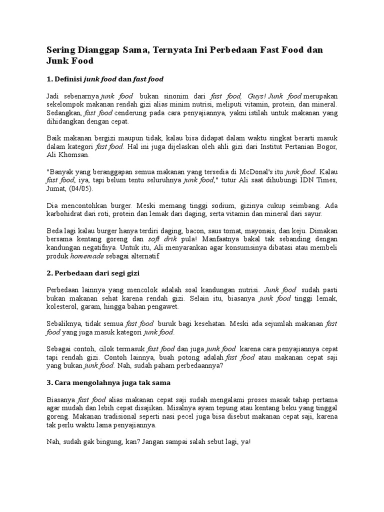 Junk Food Vs Fast Food Pdf