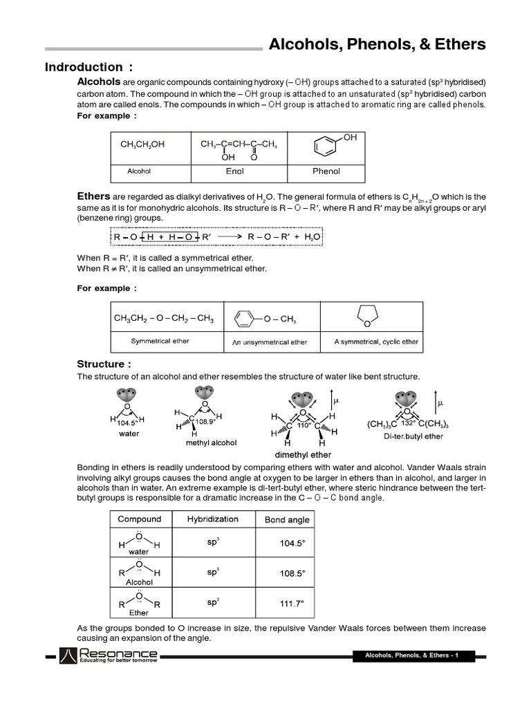 Alcohols, Phenols, and Ethers Overview | PDF | Ether | Alcohol