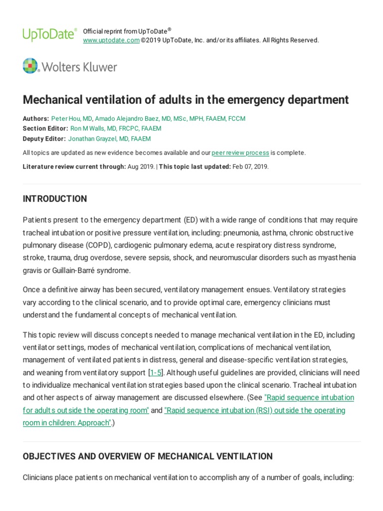 Mechanical Ventilation of Adults in The Emergency Department UpToDate