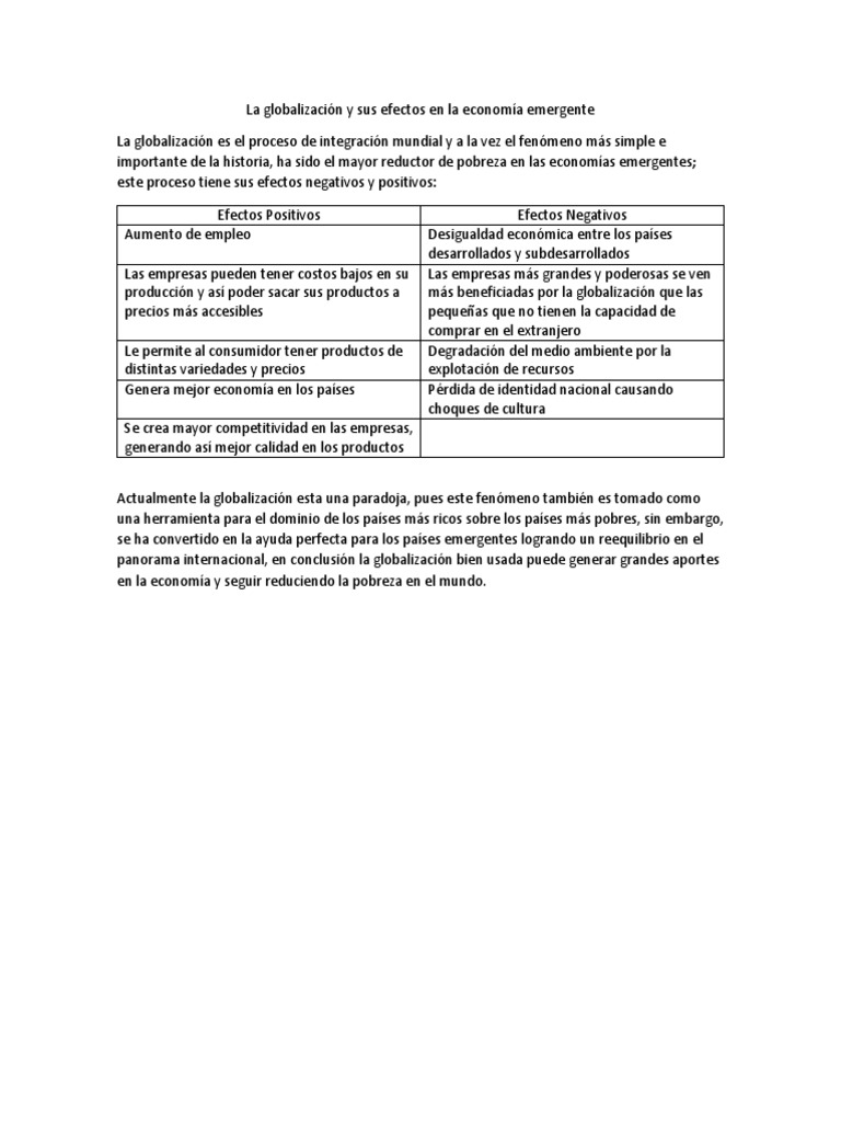 Impacto de la Globalización en Economías Emergentes | PDF
