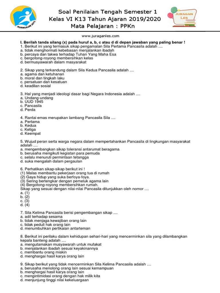 Soal Pts Ppkn Kelas 6 Semester 1 K13 Tahun 2019 Pdf
