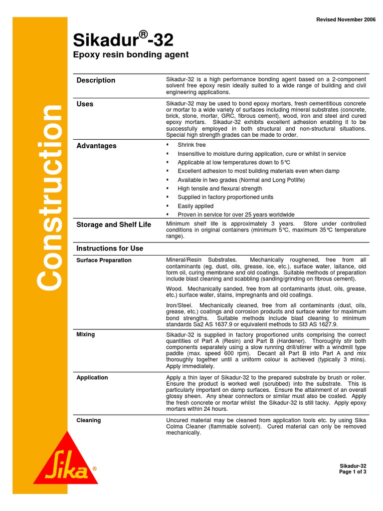 Sikadur 32 Epoxy Resin Bonding Agent PDF Epoxy Concrete