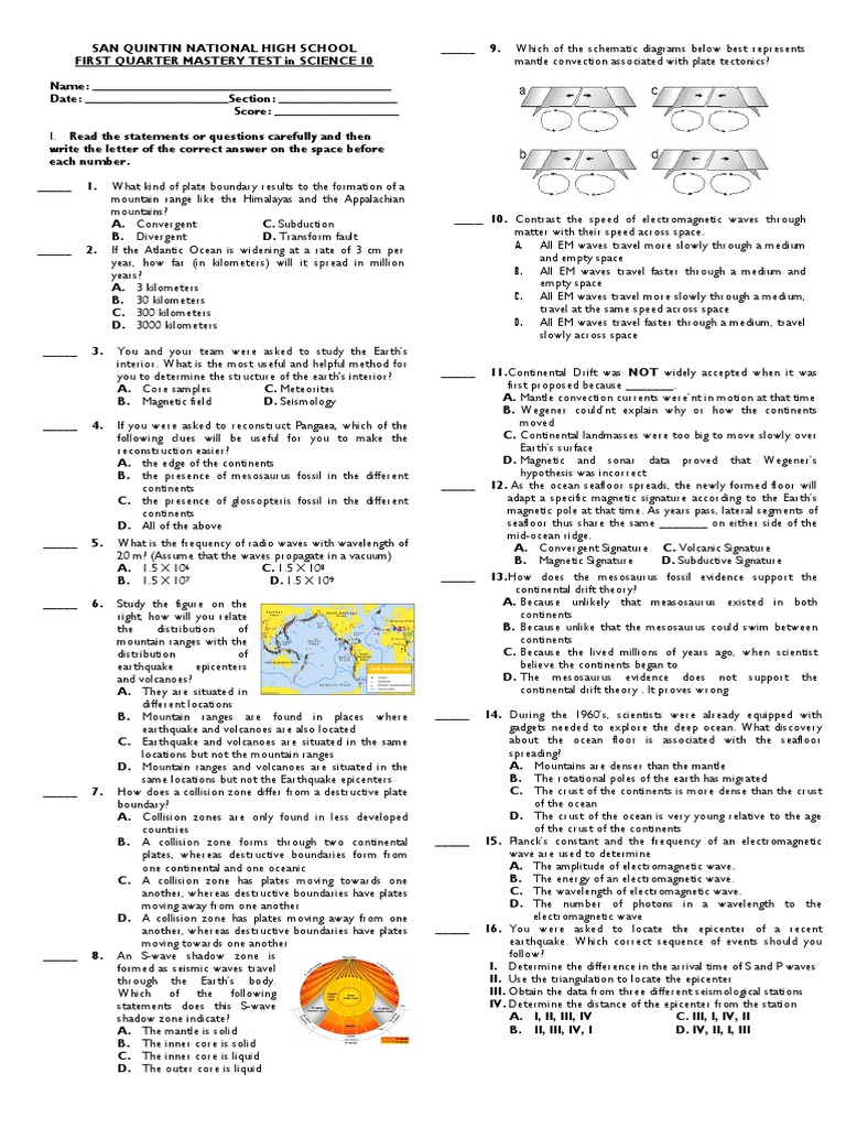 First Quarter Mastery Test in Science 10 PDF Plate Tectonics Earthquakes