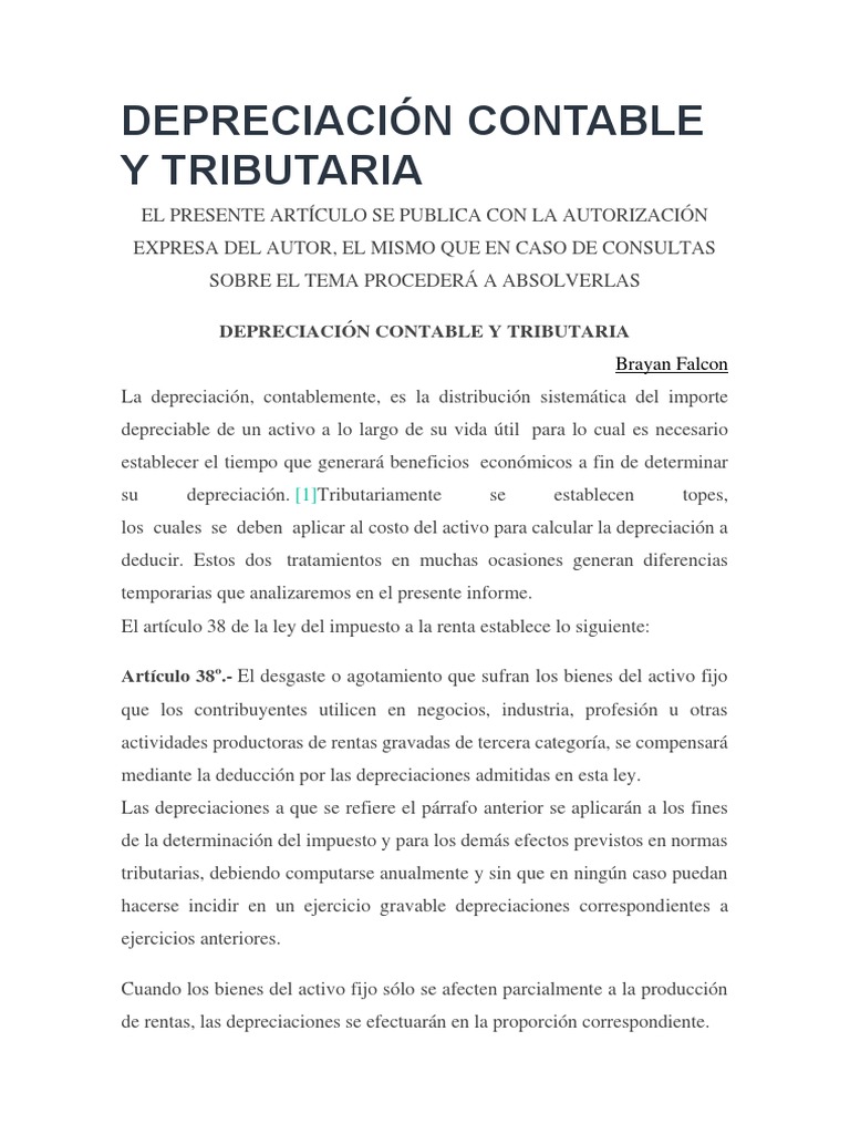 Depreciación Contable y Tributaria | PDF | Depreciación | Impuesto ...