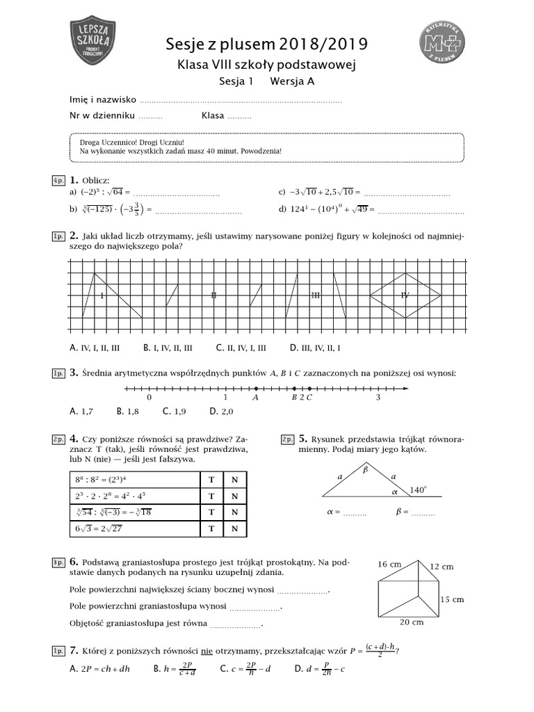 Zastosowania Matematyki Sprawdzian Klasa 8 Pdf