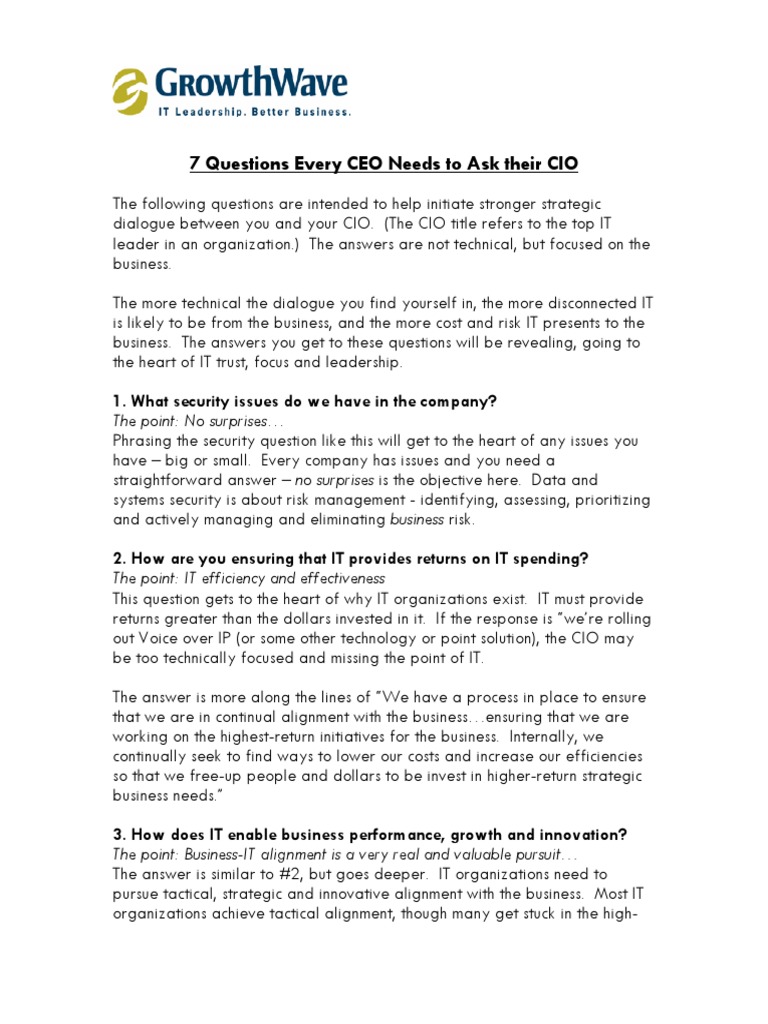 7 Questions Every CEO Needs To Ask Their CIO: 1. What Security Issues ...