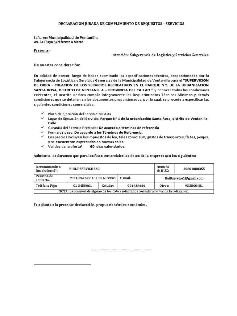 Declaracion Jurada Servicios | PDF