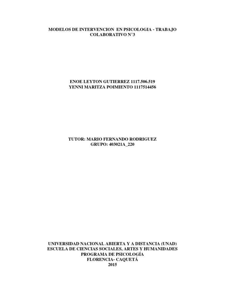 Trabajo Colaborativo 3 Grupo 220 Modelos de Intervencion en Psicologia ...
