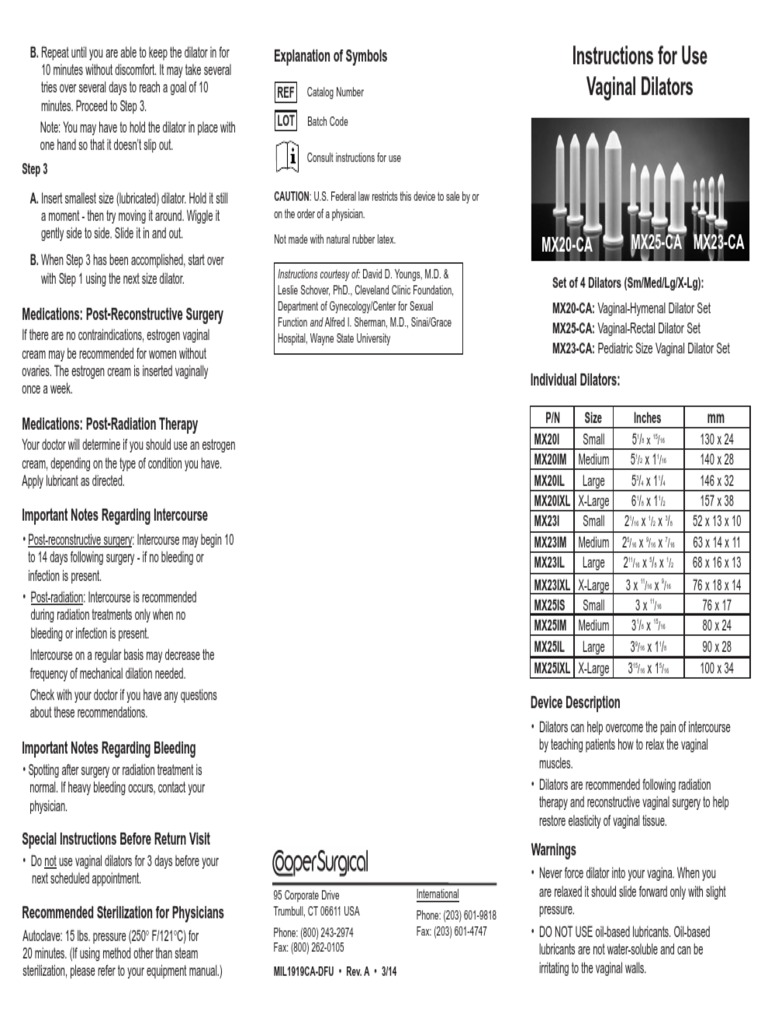 Instructions for Using Vaginal Dilators to Treat Vaginal Constriction and Manage Pain Associated