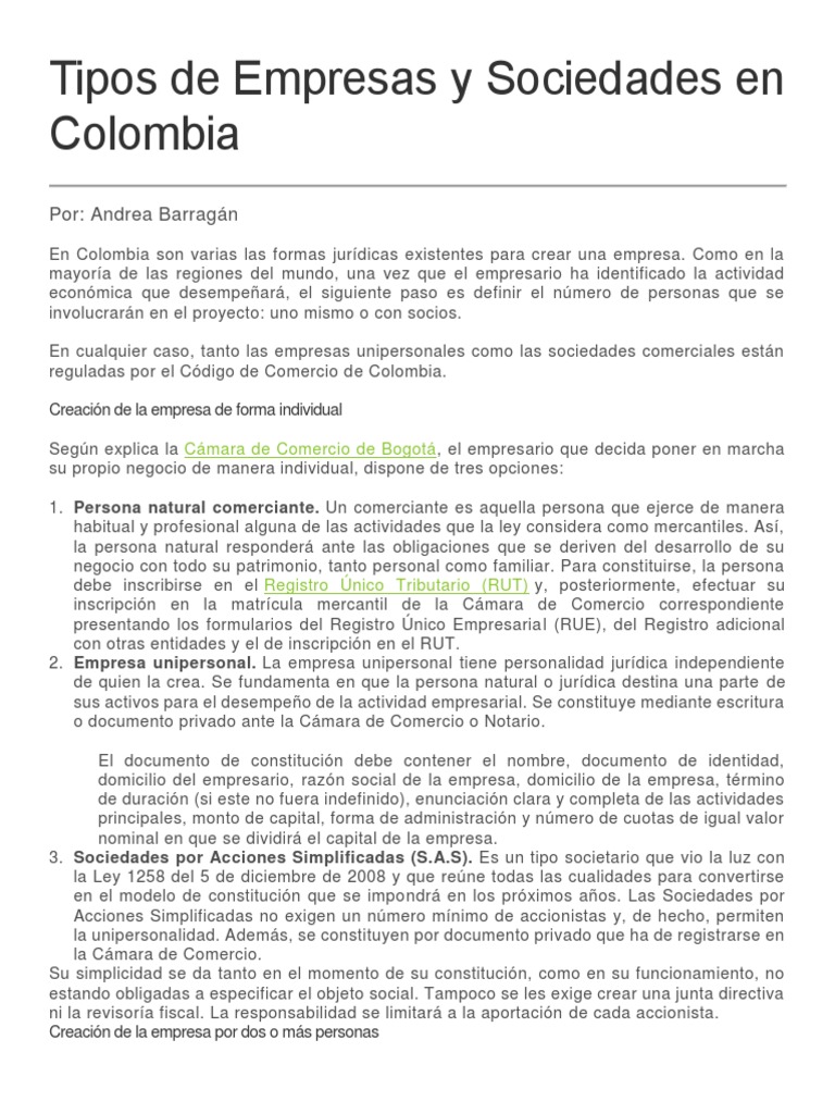 Tipos de Empresas y Sociedades en Colombia | PDF | Business | Economias