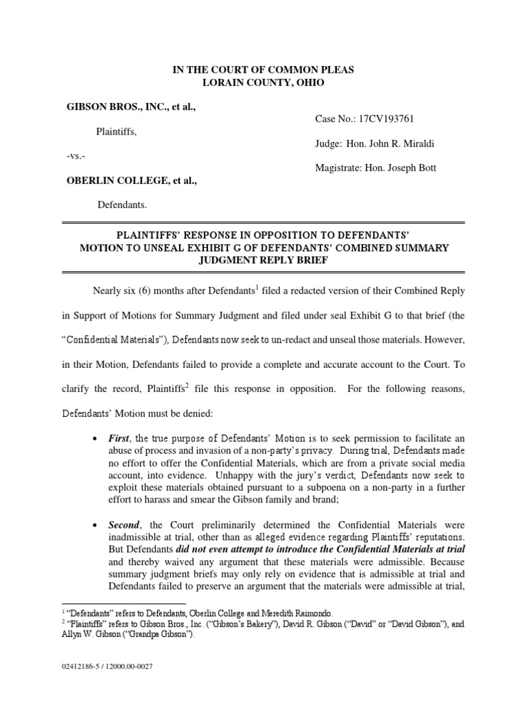 Gibson's Bakery v. Oberlin College Opposition To Defense PostTrial
