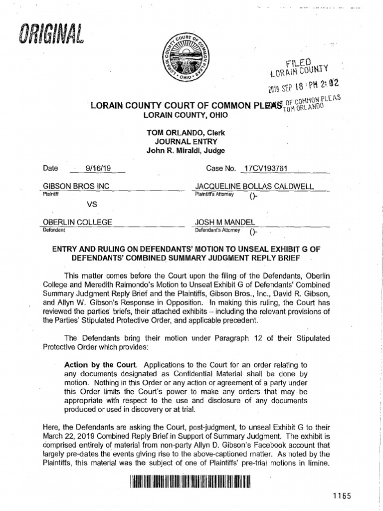 Gibson's Bakery v. Oberlin College Order Denying PostTrial Motion To