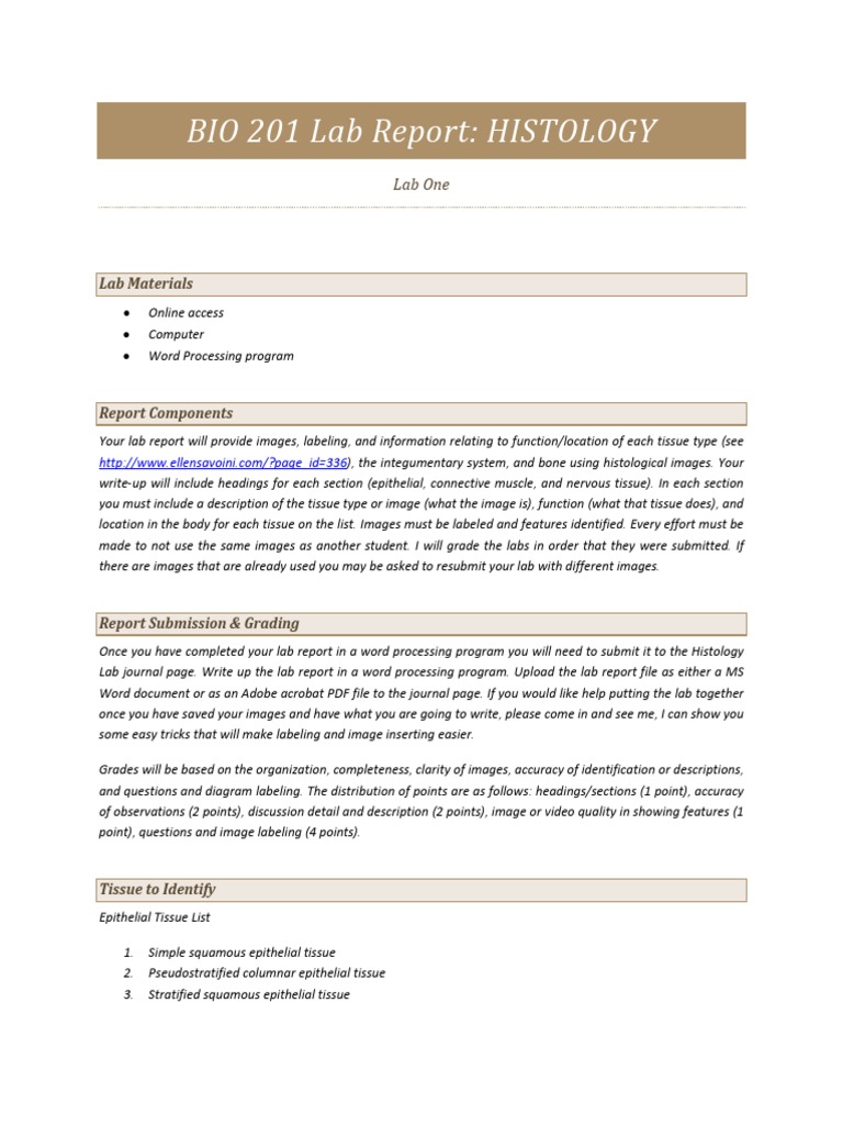 BIO 201 Lab Report HISTOLOGY PDF Epithelium Tissue (Biology)