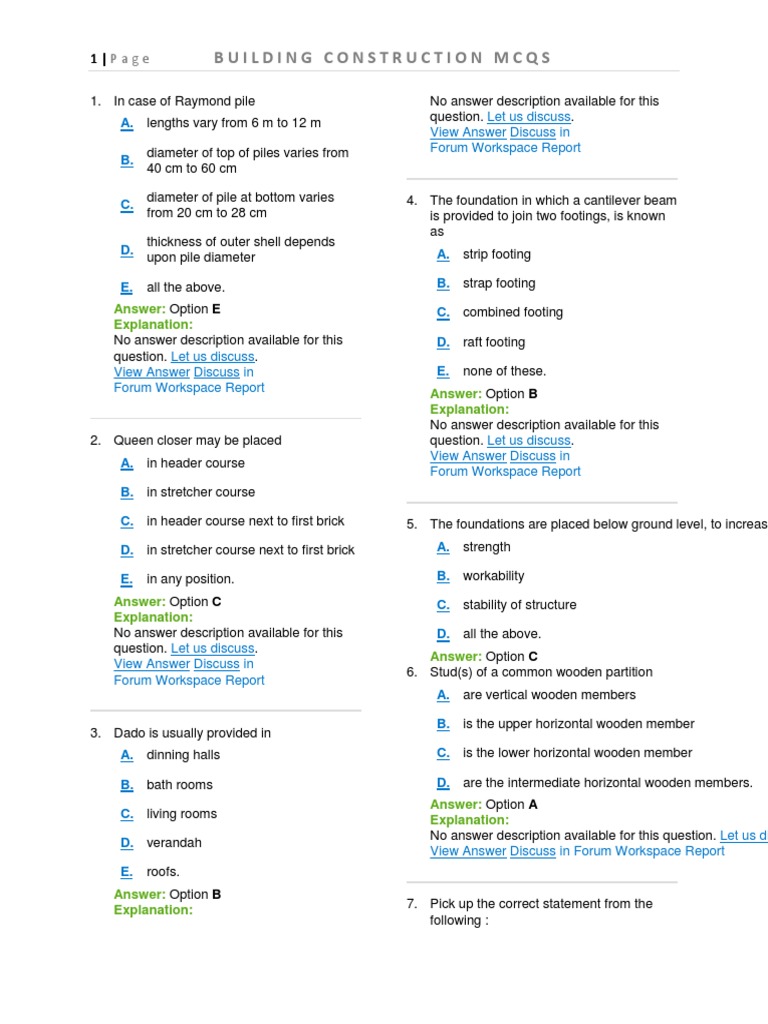 Building Construction Mcqs PDF Lime (Material) Deep Foundation
