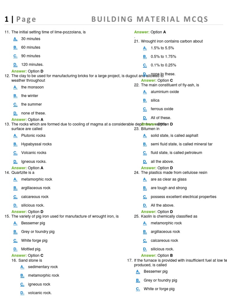 Building Material Mcqs PDF Rock (Geology) Iron
