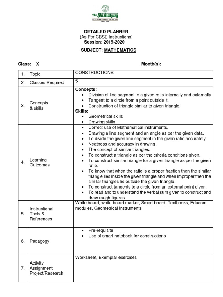 Detailed Planner (As Per CBSE Instructions) Session: 2019-2020 Subject ...