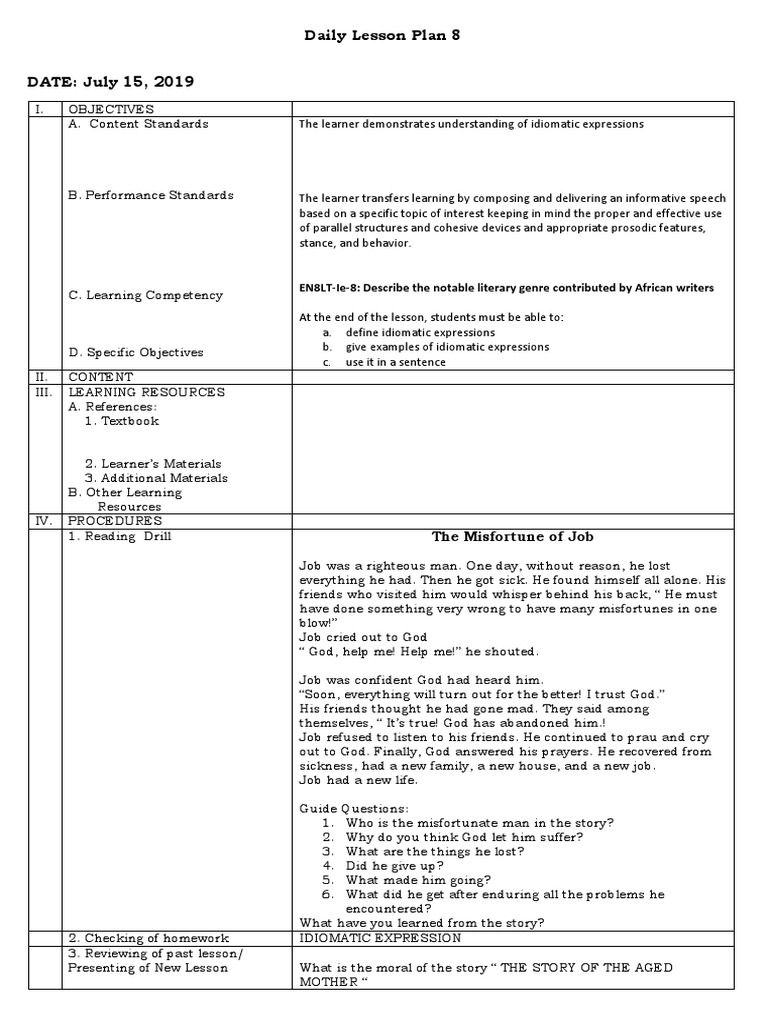 Idiomatic Expressions Lesson Plan | PDF | Idiom | Cognition