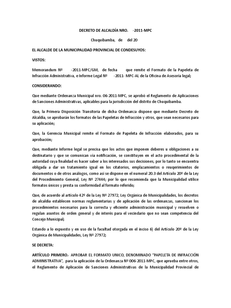 Decreto de Alcaldía Nro. Papeleta de Infracción PDF Regulación