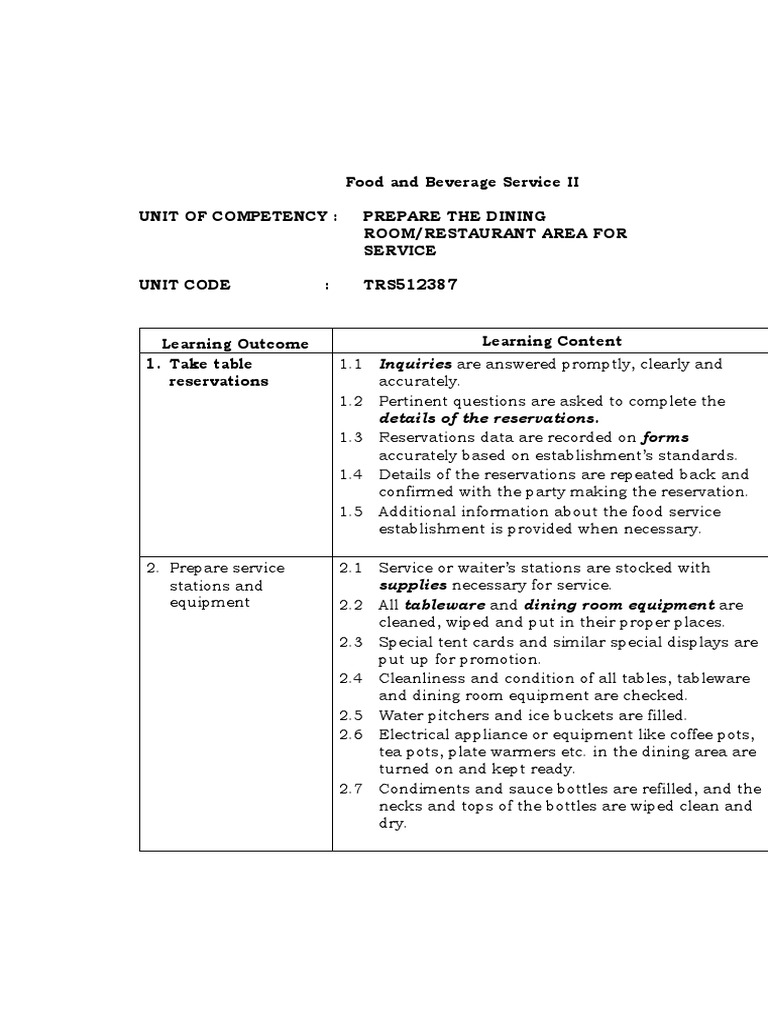 Food and Beverage Service II Unit of Competency: Prepare The Dining ...