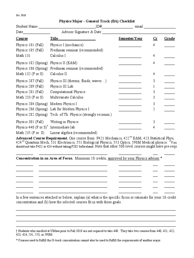 Physics BA General Track Checklist | PDF | Physics | Mechanics