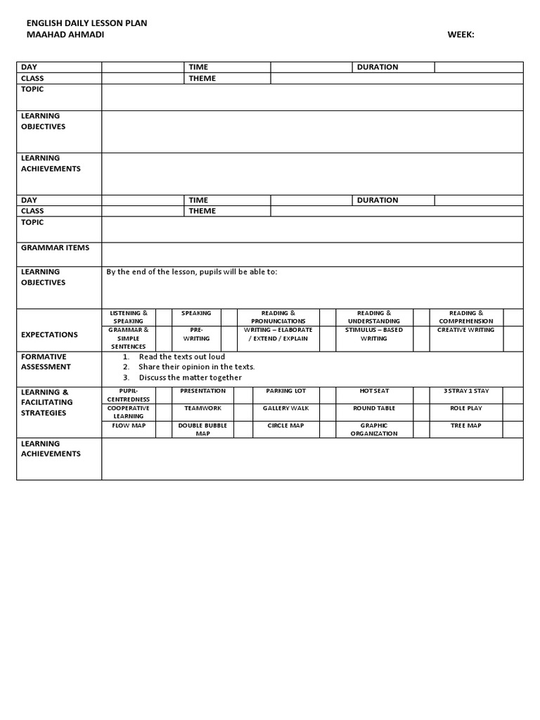 English Daily Lesson Plan Template | PDF