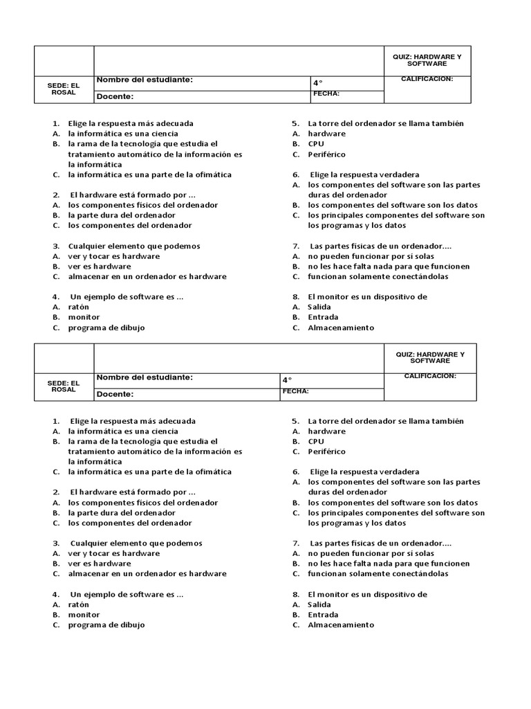 Quiz Grado 4 | PDF | Hardware de la computadora | Periférico
