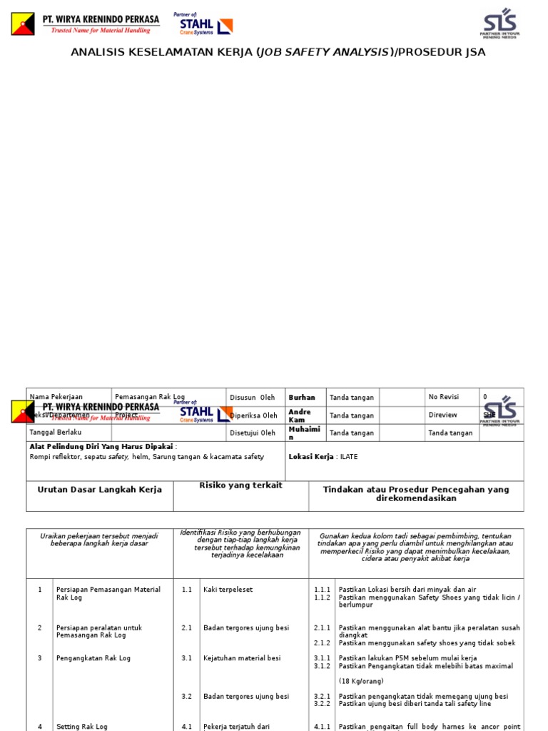 JSA Pemasangan Rak Log di ILATE | PDF