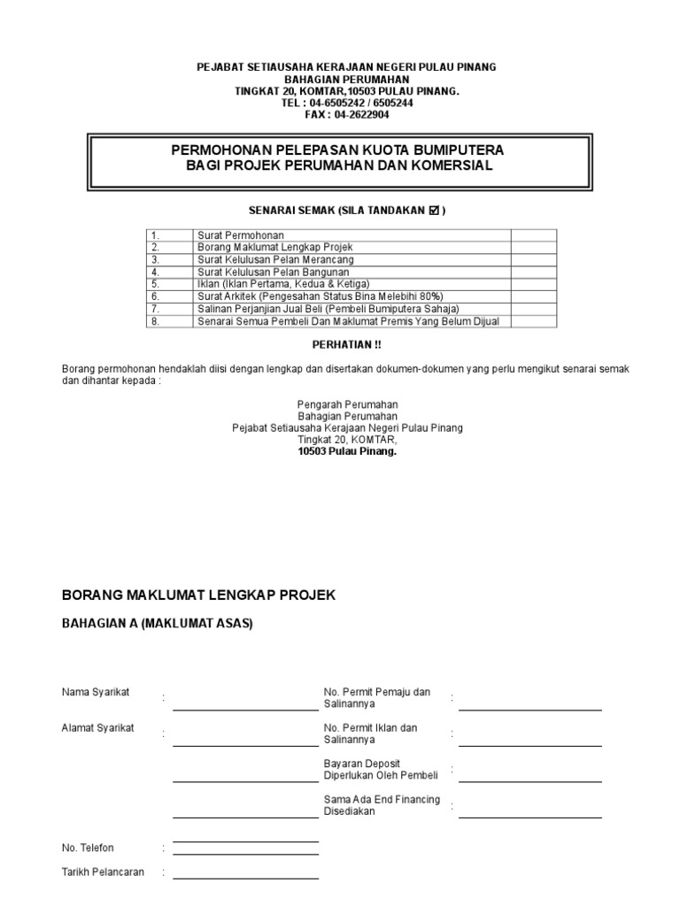 Borang Pelepasan Kuota Bumiputera  PDF