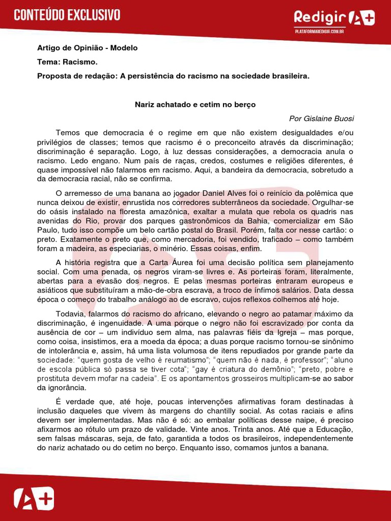 Artigo de Opinião Modelo Tema Racismo. Proposta de Redação A Persistência Do Racismo Na