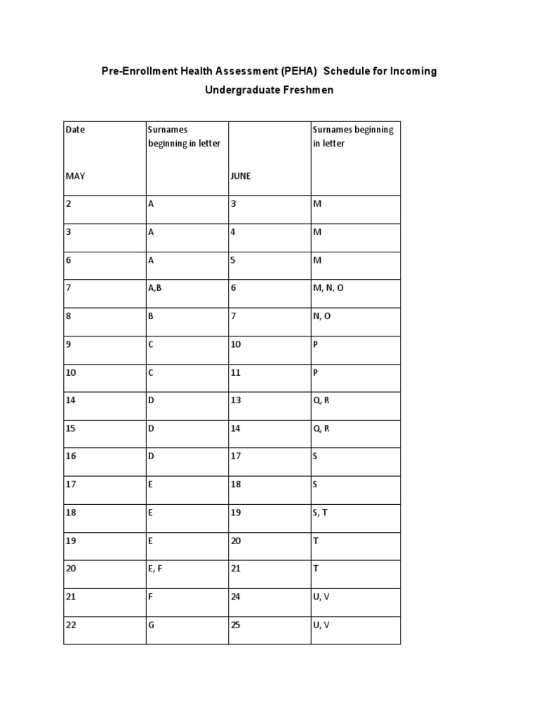 PEHA Schedule for Incoming Freshmen | PDF
