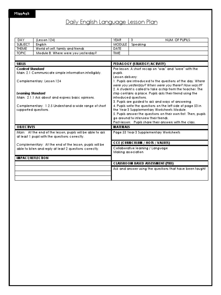 Daily English Language Lesson Plan: Missash | PDF | Reading ...