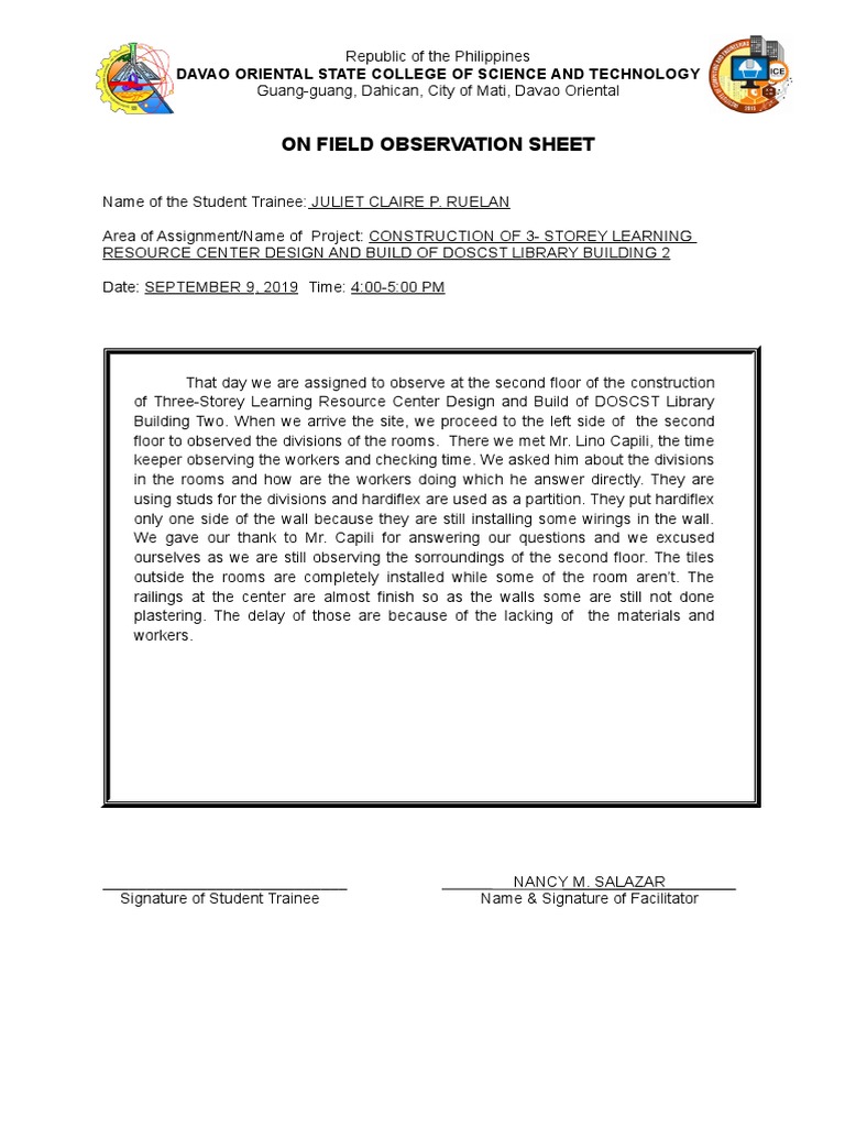 On Field Observation Sheet: Davao Oriental State College of Science and ...