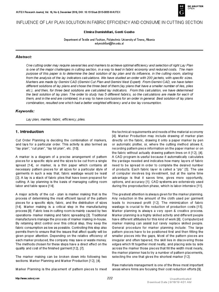 (Autex Research Journal) Influence of Lay Plan Solution in Fabric ...