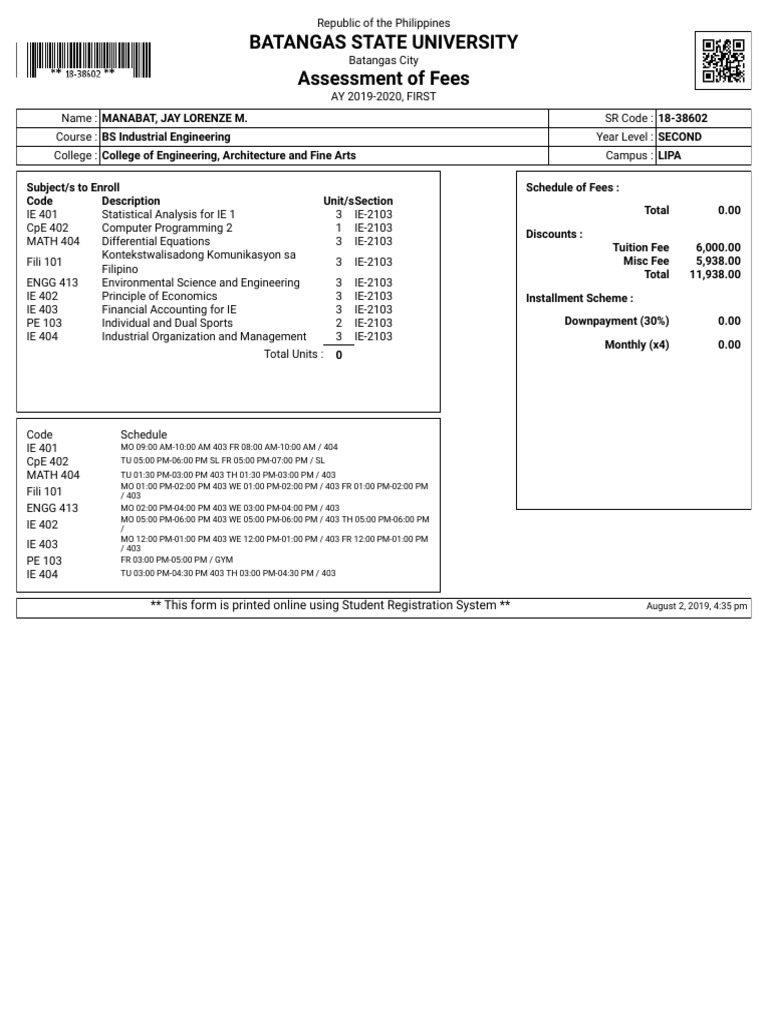 Batangas State University Assessment of Fees: This Form Is Printed ...