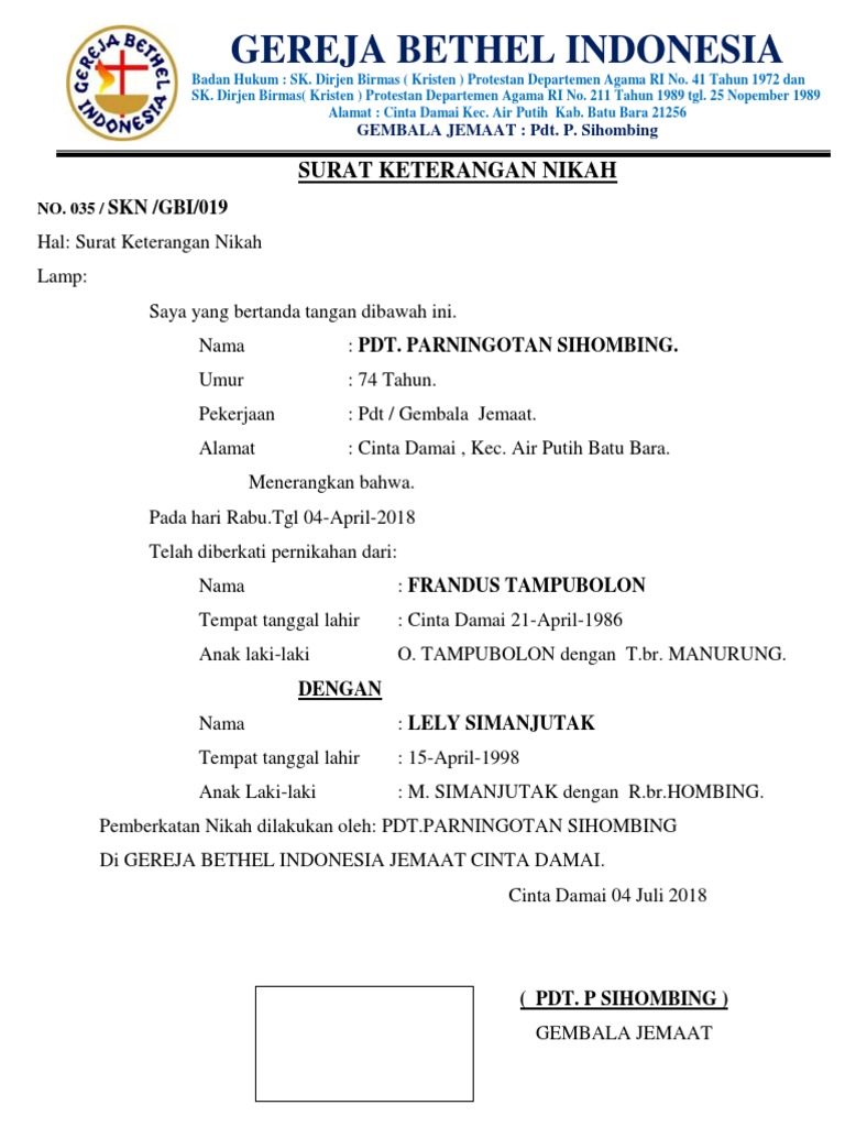 Surat Keterangan Nikah Gereja Bethel Indonesia