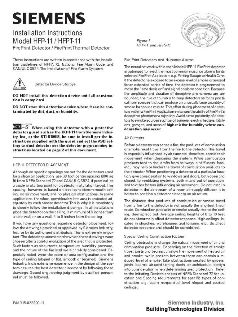 Installation Instructions Model Hfp-11 / Hfpt-11: Fireprint Detector ...