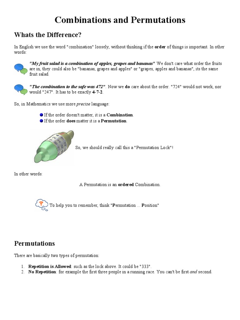 Combinations and Permutations PDF Mathematical Objects