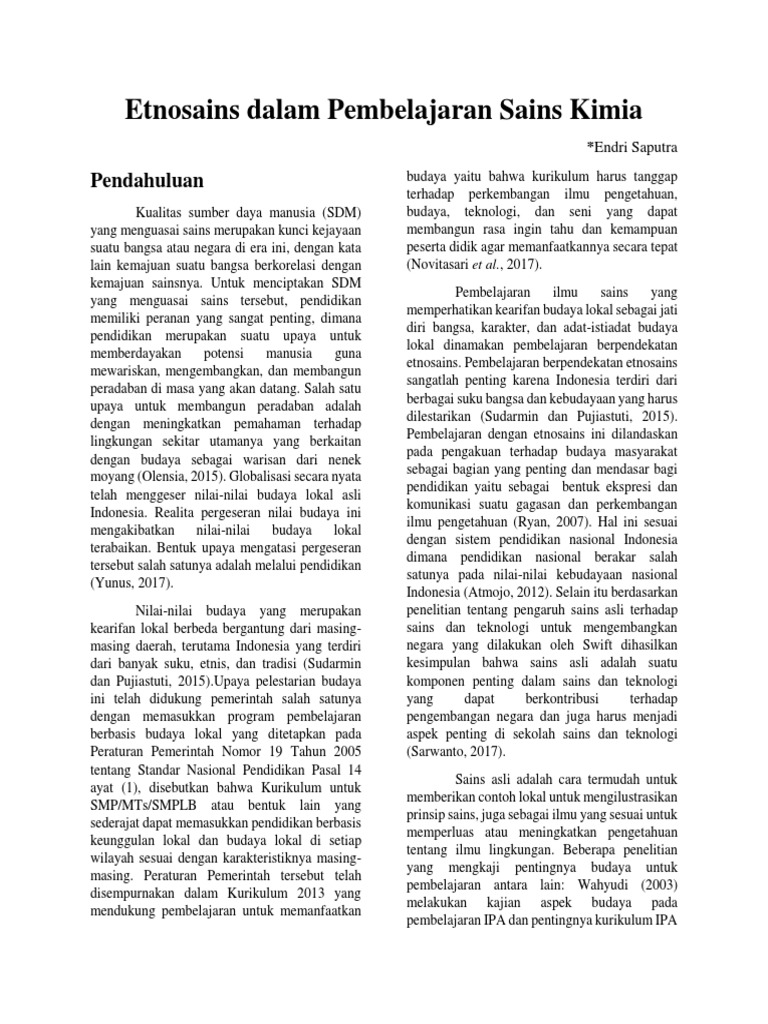 Endri Saputra 4301417003 Etnosains Dalam Pembelajaran Sains Kimia Pdf