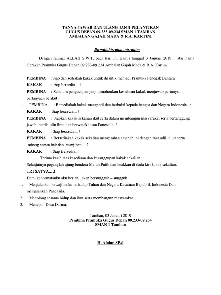 Naskah Tanya Jawab Pelantikan Dewan Penggalang Ramu Guru
